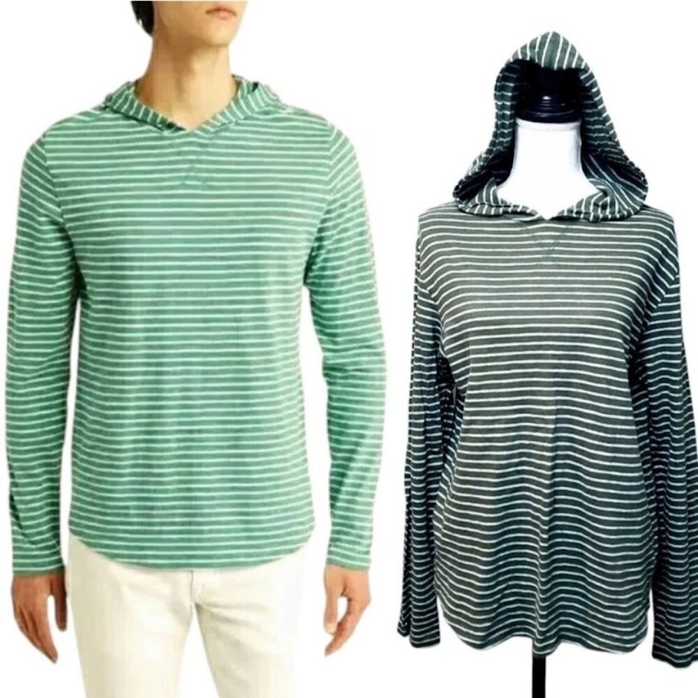 MENS VINCE Sweatshirt Top, Green White Striped 100% Cotton Hooded Pullover, M
